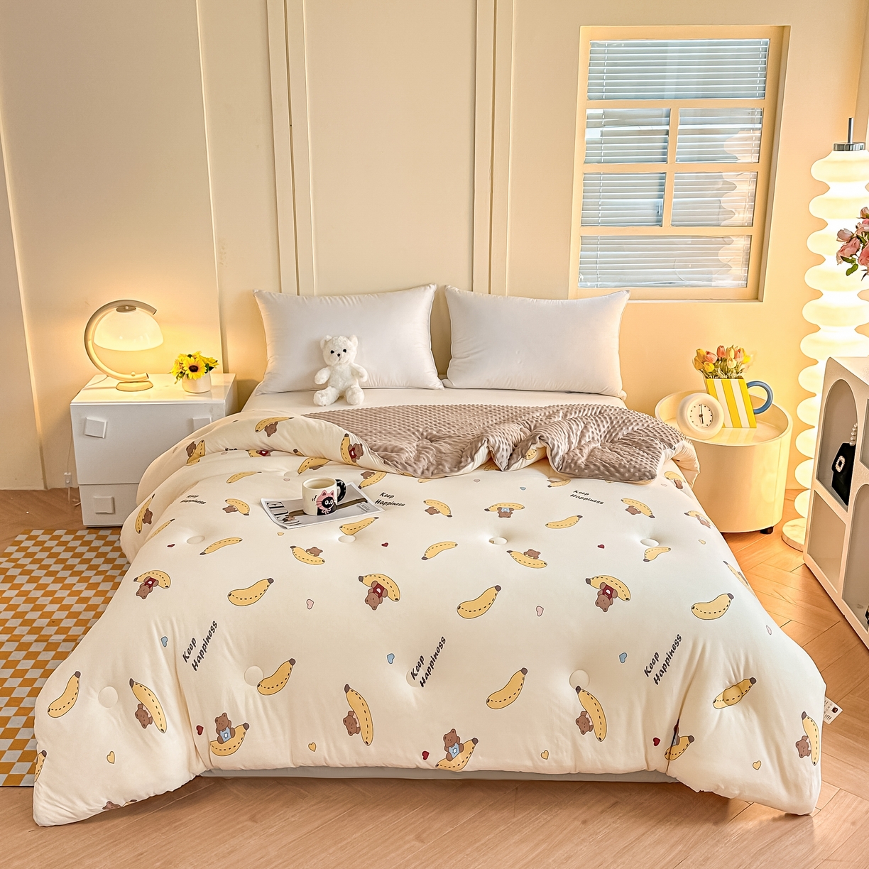 91家纺网 家纺一手货源 找家纺 纯优家纺 2025秋冬新款针织棉豆豆绒大豆秋冬被被子被芯（量大询价） 香蕉熊