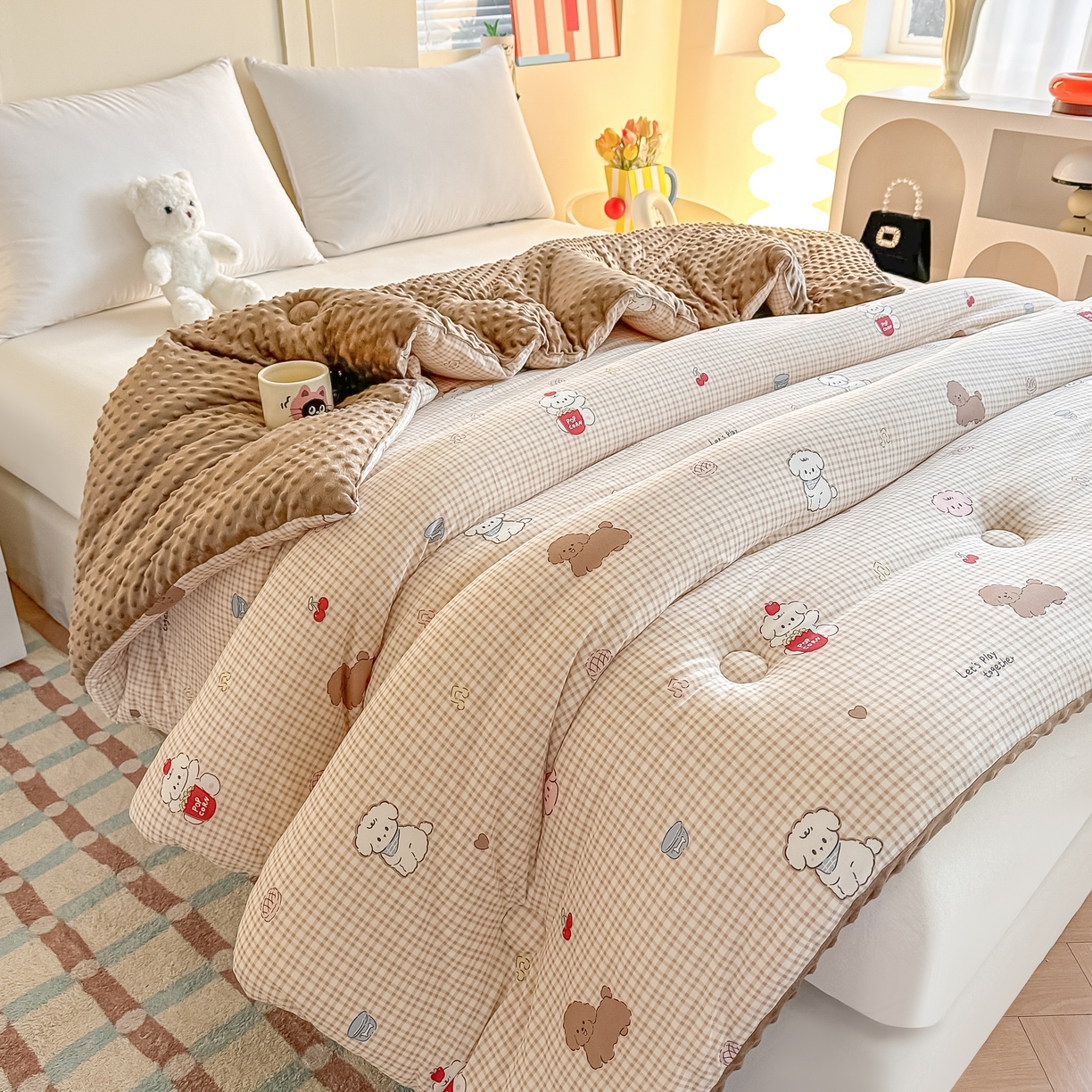 91家纺网 家纺一手货源 找家纺 纯优家纺 2025秋冬新款针织棉豆豆绒大豆秋冬被被子被芯（量大询价） 格子狗