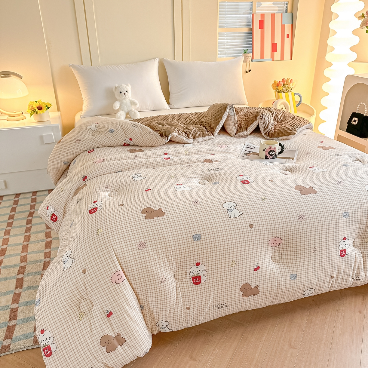 91家纺网 家纺一手货源 找家纺 纯优家纺 2025秋冬新款针织棉豆豆绒大豆秋冬被被子被芯（量大询价） 格子狗