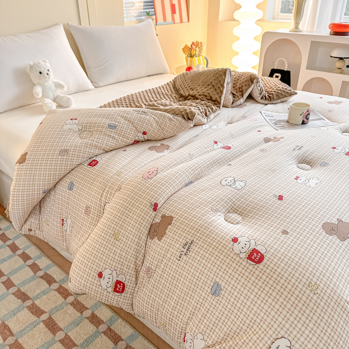 91家纺网 家纺一手货源 找家纺 纯优家纺 2025秋冬新款针织棉豆豆绒大豆秋冬被被子被芯（量大询价） 格子狗