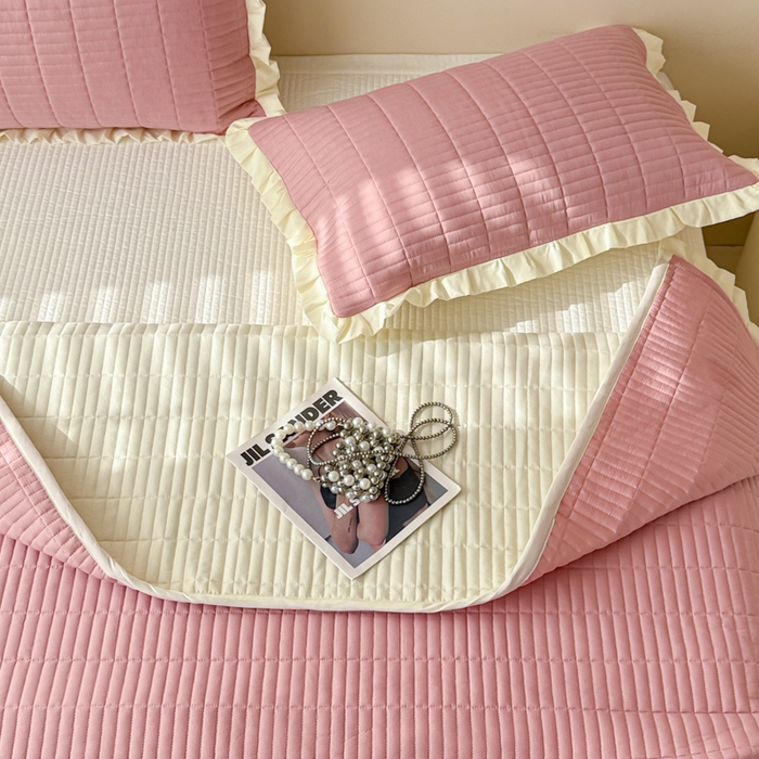 妮可 2025新款荷叶边纯棉绗缝四季款多功能床盖 豆豆沙