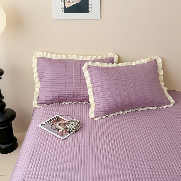 91家纺网 家纺一手货源 找家纺 妮可 2025新款荷叶边纯棉绗缝四季款多功能床盖 芝兰紫