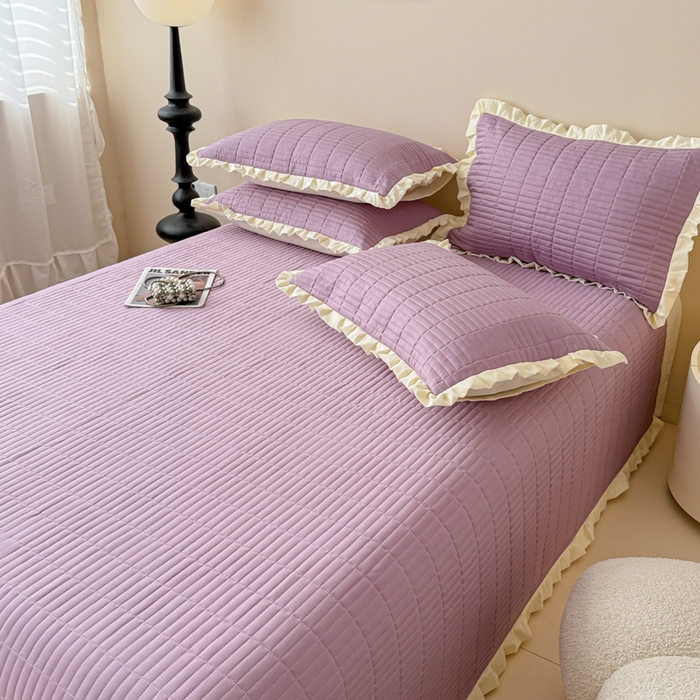 91家纺网 家纺一手货源 找家纺 妮可 2025新款荷叶边纯棉绗缝四季款多功能床盖 芝兰紫