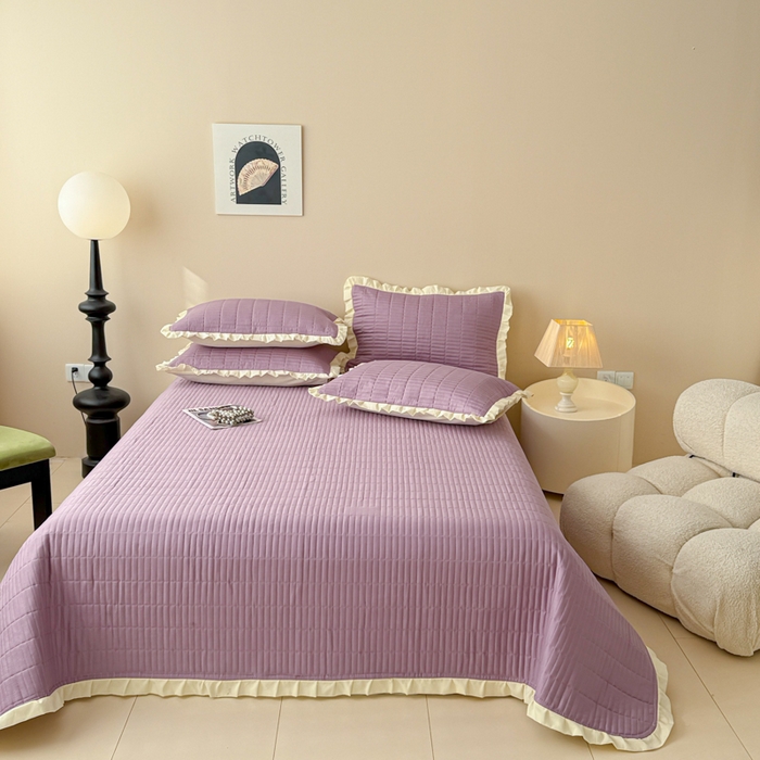 91家纺网 家纺一手货源 找家纺 妮可 2025新款荷叶边纯棉绗缝四季款多功能床盖 芝兰紫