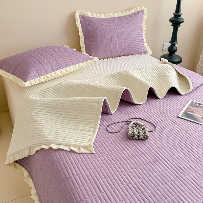 91家纺网 家纺一手货源 找家纺 妮可 2025新款荷叶边纯棉绗缝四季款多功能床盖 芝兰紫