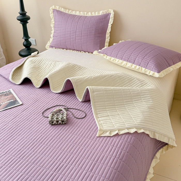 91家纺网 家纺一手货源 找家纺 妮可 2025新款荷叶边纯棉绗缝四季款多功能床盖 芝兰紫