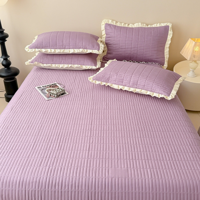 91家纺网 家纺一手货源 找家纺 妮可 2025新款荷叶边纯棉绗缝四季款多功能床盖 芝兰紫