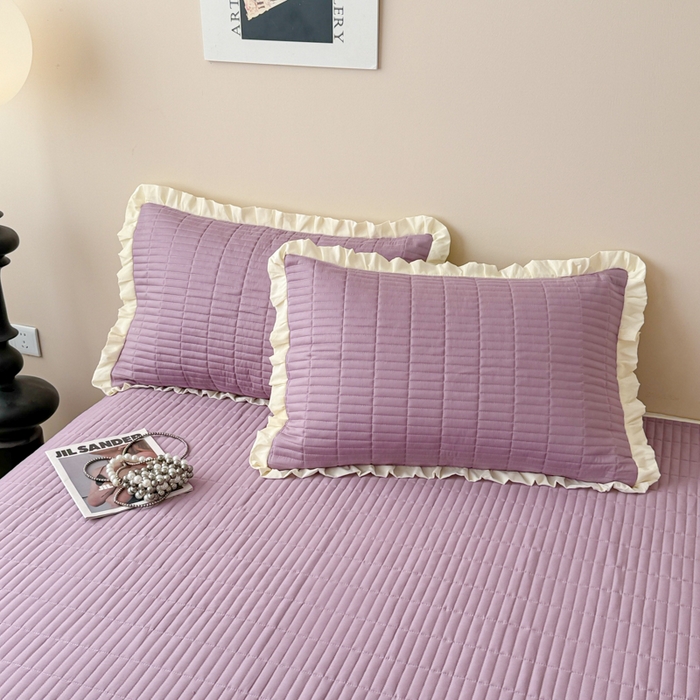 91家纺网 家纺一手货源 找家纺 妮可 2025新款荷叶边纯棉绗缝四季款多功能床盖 芝兰紫