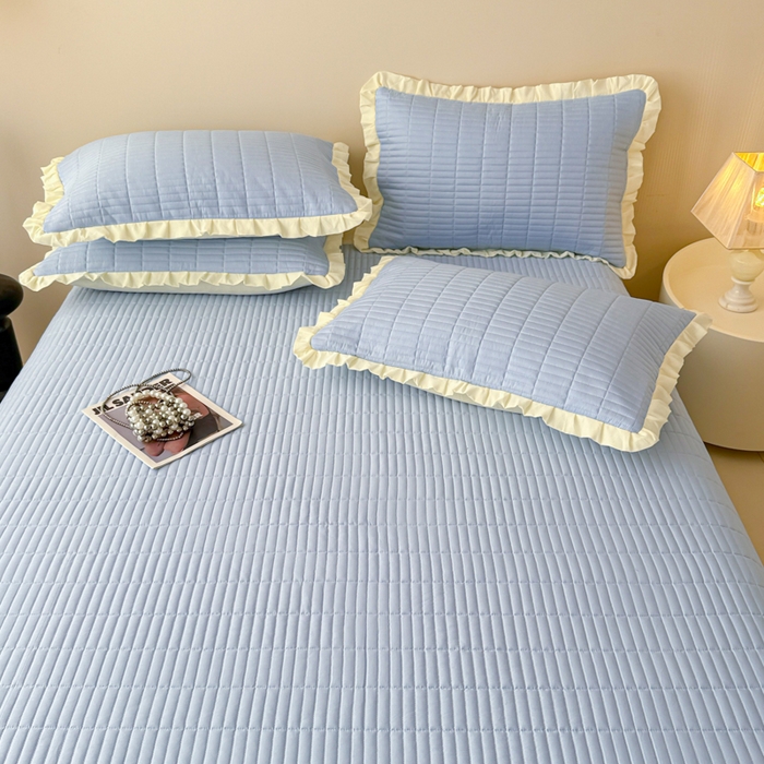 91家纺网 家纺一手货源 找家纺 妮可 2025新款荷叶边纯棉绗缝四季款多功能床盖 冰湖蓝