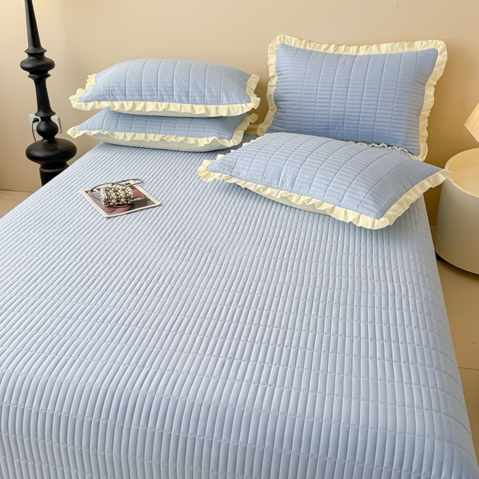 91家纺网 家纺一手货源 找家纺 妮可 2025新款荷叶边纯棉绗缝四季款多功能床盖 冰湖蓝