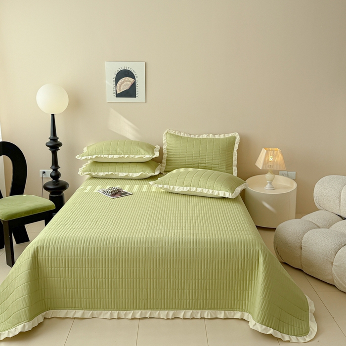 91家纺网 家纺一手货源 找家纺 妮可 2025新款荷叶边纯棉绗缝四季款多功能床盖 森林绿