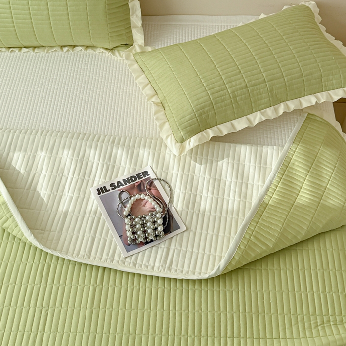 妮可 2025新款荷叶边纯棉绗缝四季款多功能床盖 森林绿