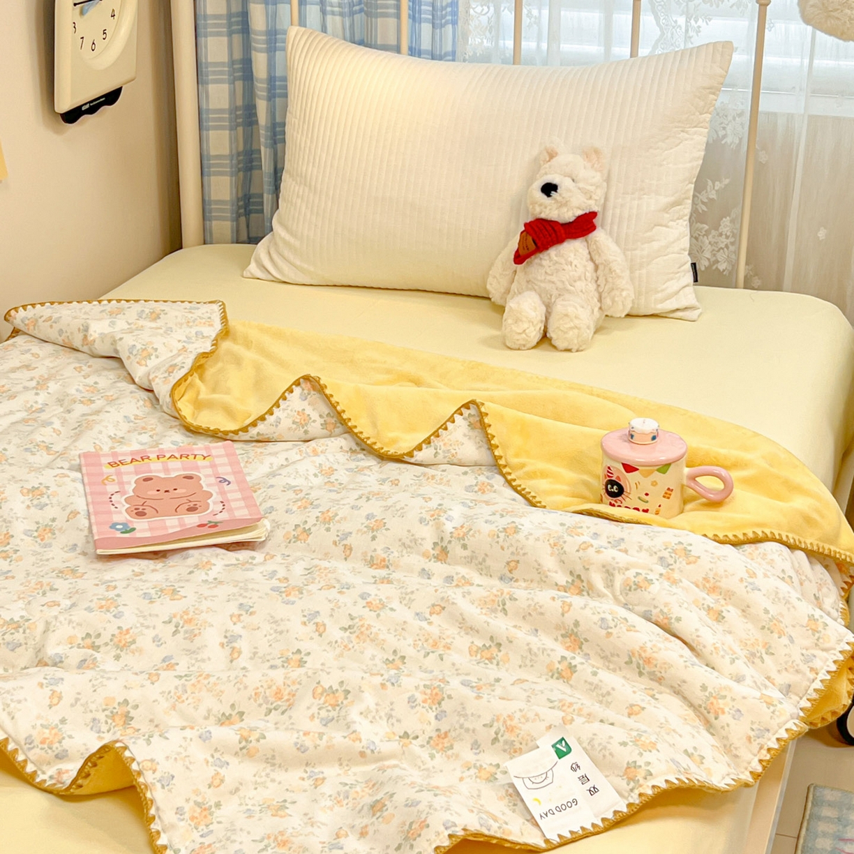 妮可 2025新款三层夹棉全棉双层纱绒多功能盖毯被 奶油芝芝