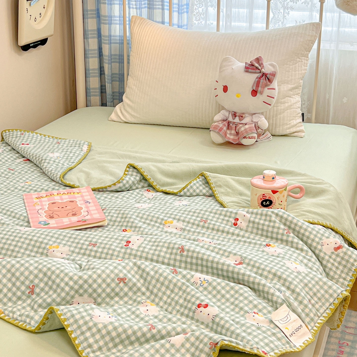 妮可 2025新款三层夹棉全棉双层纱绒多功能盖毯被 KT-奶绿