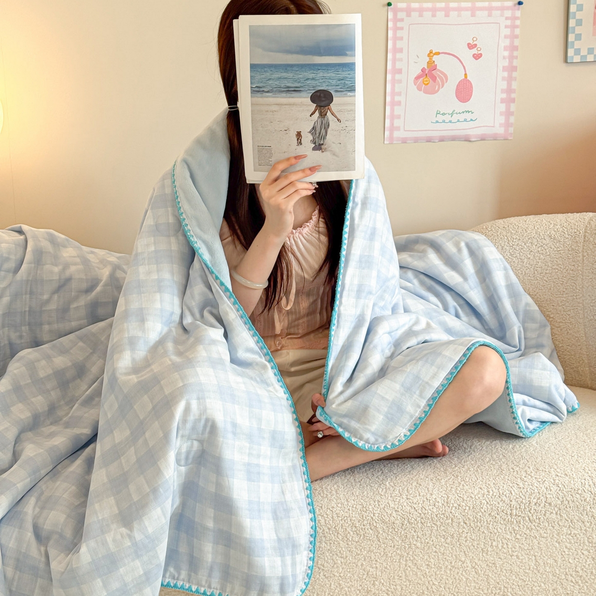 91家纺网 家纺一手货源 找家纺 妮可 2025新款三层夹棉全棉双层纱绒多功能盖毯被 半岛冰茶