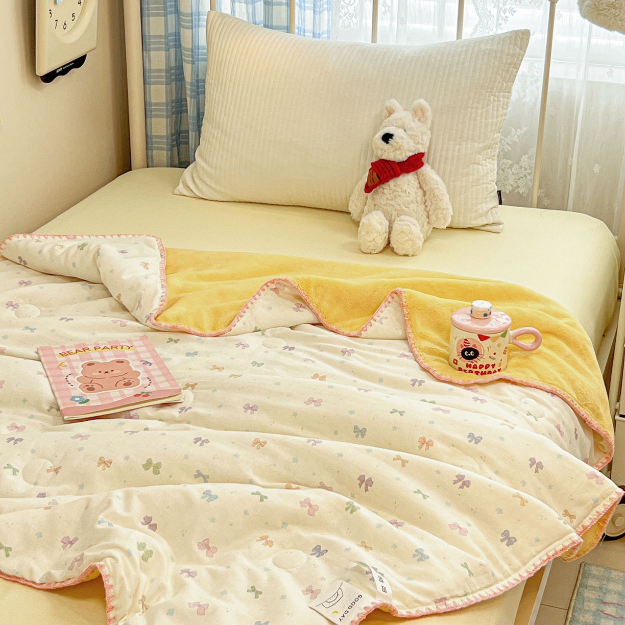 妮可 2025新款三层夹棉全棉双层纱绒多功能盖毯被 蝴蝶芙芙