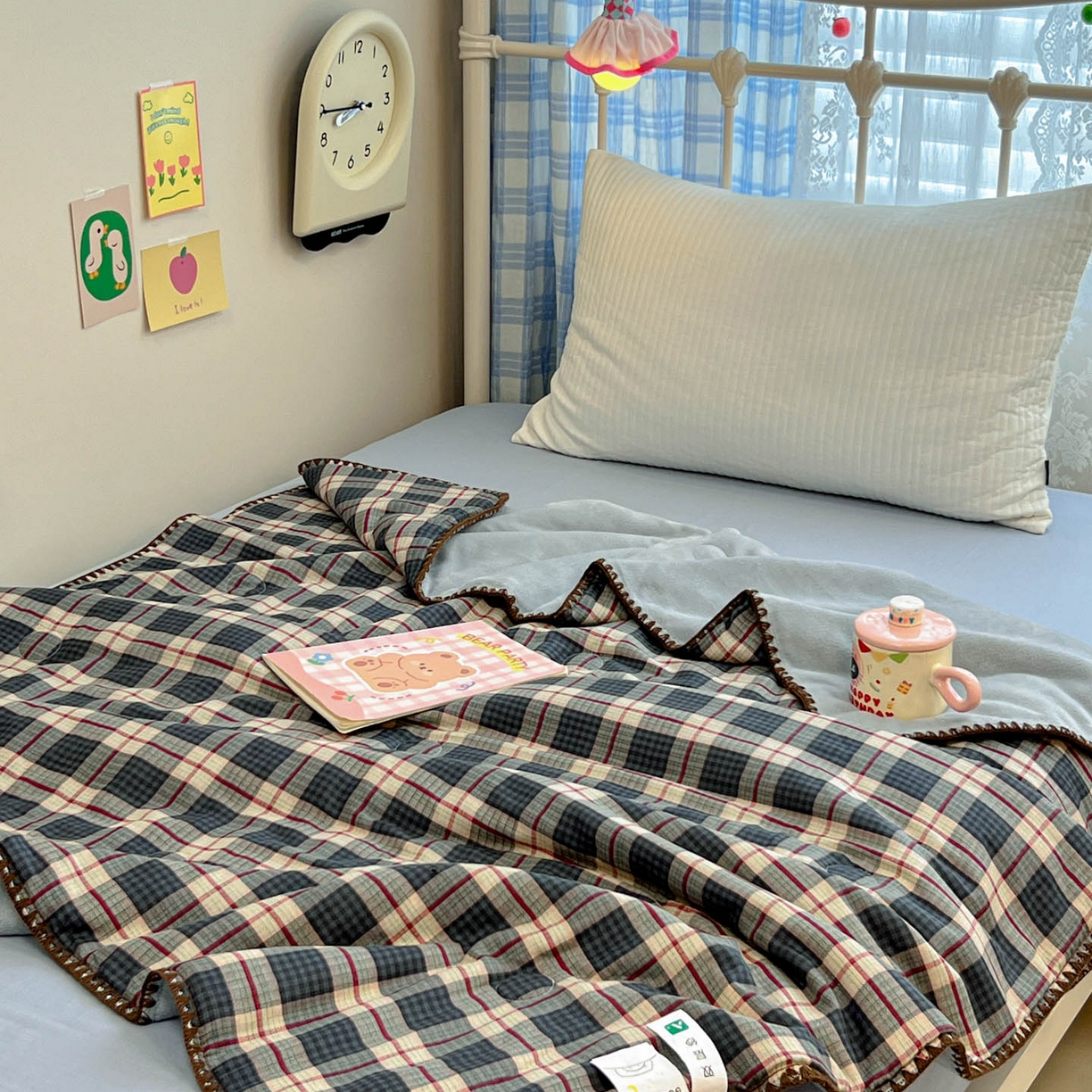 妮可 2025新款三层夹棉全棉双层纱绒多功能盖毯被 格子画