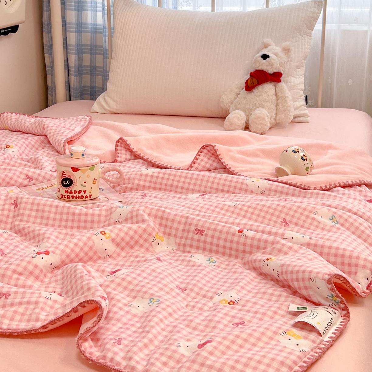 91家纺网 家纺一手货源 找家纺 （总）妮可 2025新款三层夹棉全棉双层纱绒多功能盖毯被