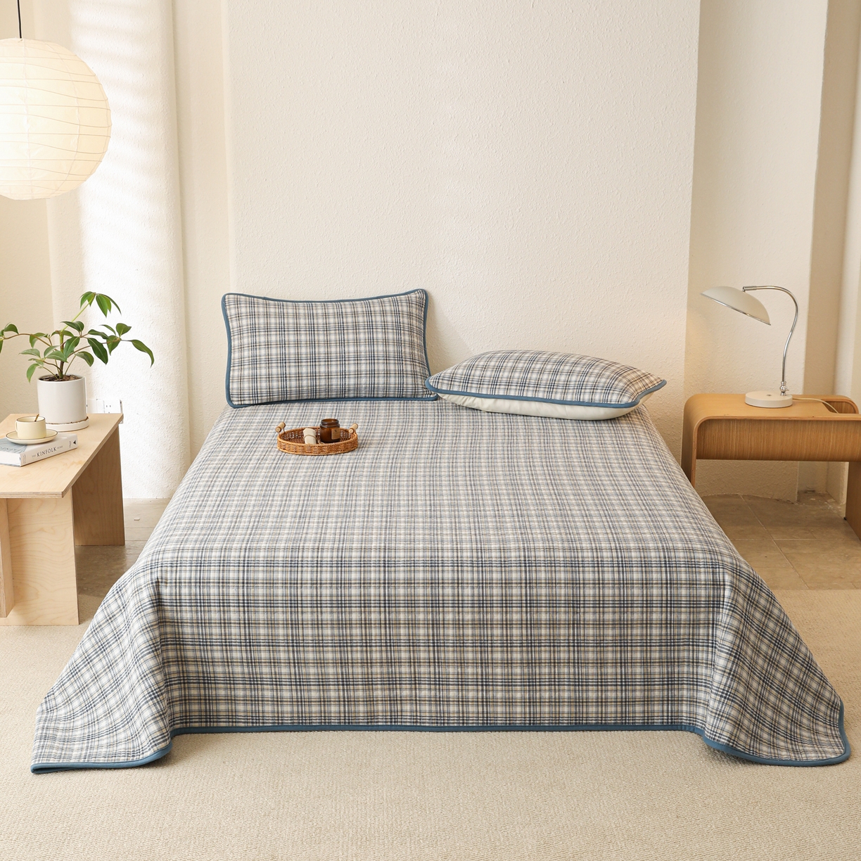 91家纺网 家纺一手货源 找家纺 妮可 2025新款全棉色织水洗棉一面棉一面绒四季可用床盖系列 格韵-蓝调