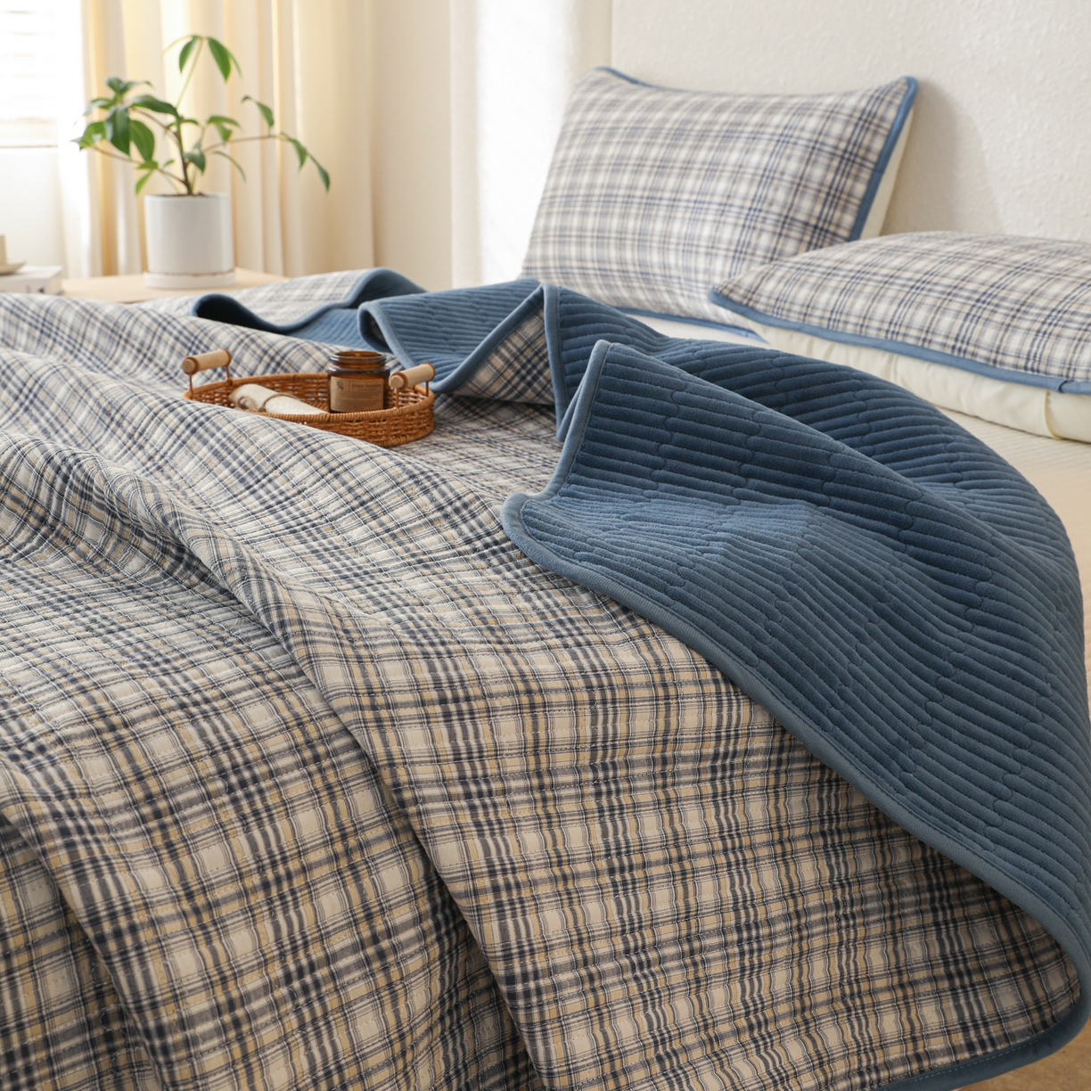 91家纺网 家纺一手货源 找家纺 （总）妮可 2025新款全棉色织水洗棉一面棉一面绒四季可用床盖系列