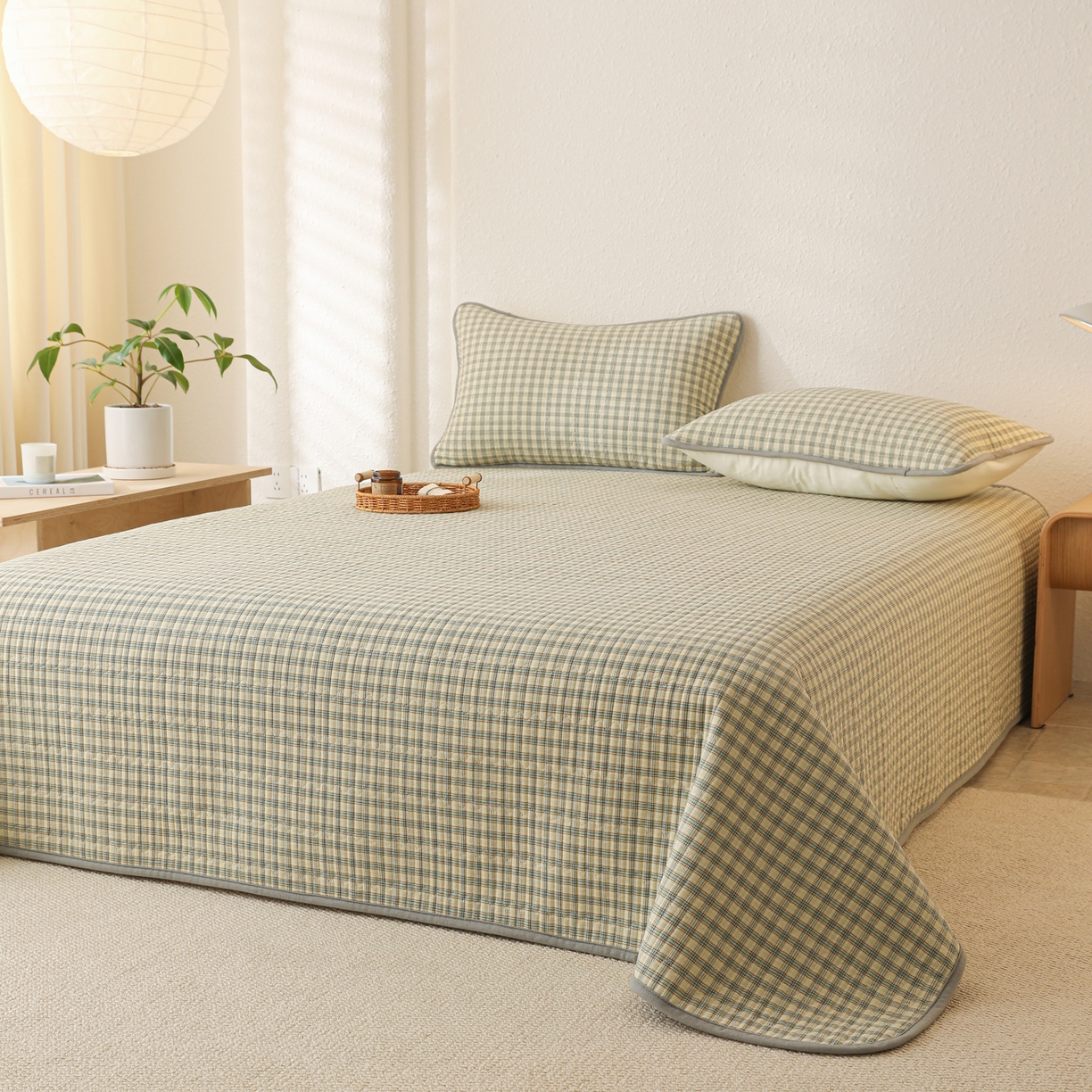 91家纺网 家纺一手货源 找家纺 妮可 2025新款全棉色织水洗棉一面棉一面绒四季可用床盖系列 格韵-青灰