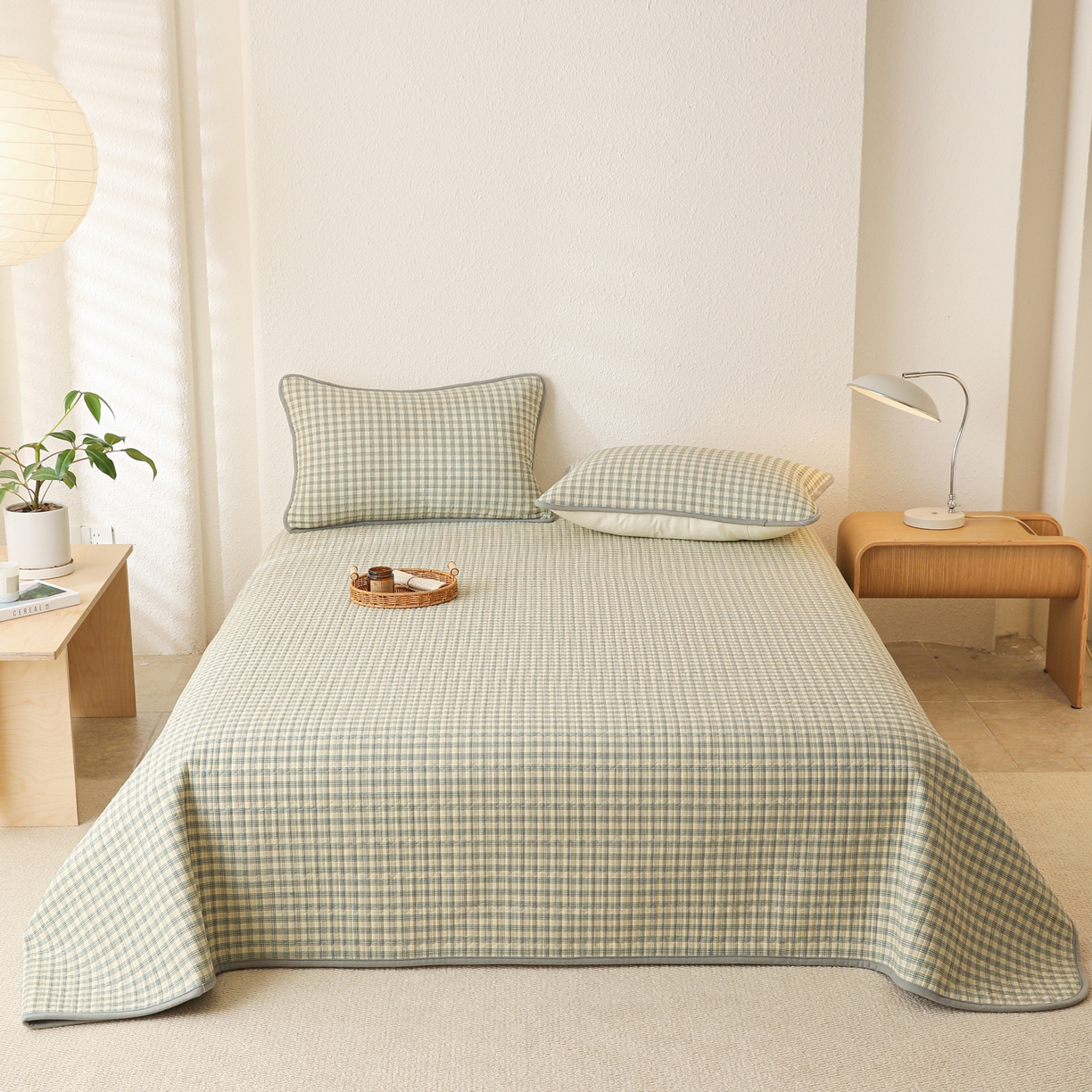 91家纺网 家纺一手货源 找家纺 妮可 2025新款全棉色织水洗棉一面棉一面绒四季可用床盖系列 格韵-青灰