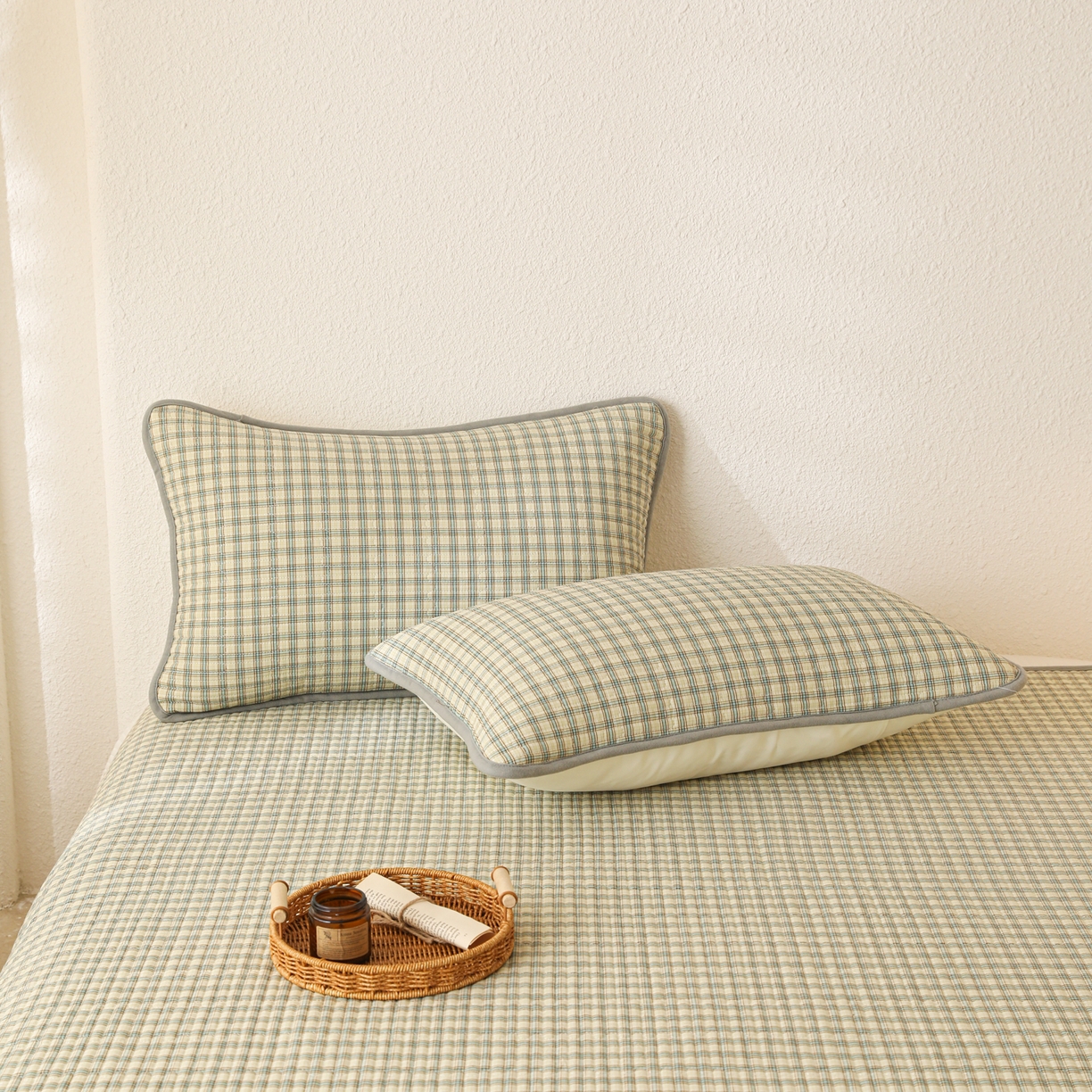 91家纺网 家纺一手货源 找家纺 妮可 2025新款全棉色织水洗棉一面棉一面绒四季可用床盖系列 格韵-青灰