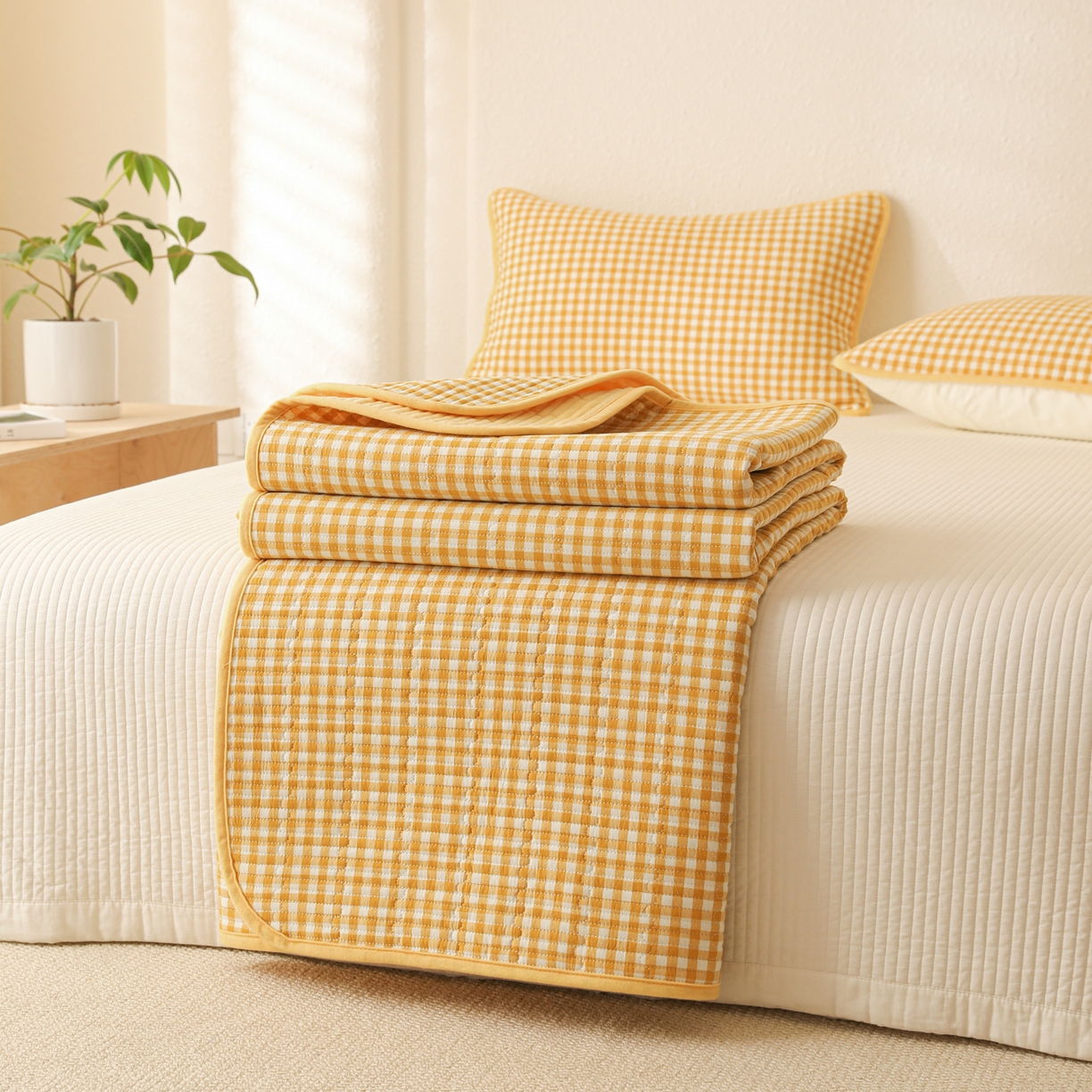 91家纺网 家纺一手货源 找家纺 妮可 2025新款全棉色织水洗棉一面棉一面绒四季可用床盖系列 格韵-黄小格