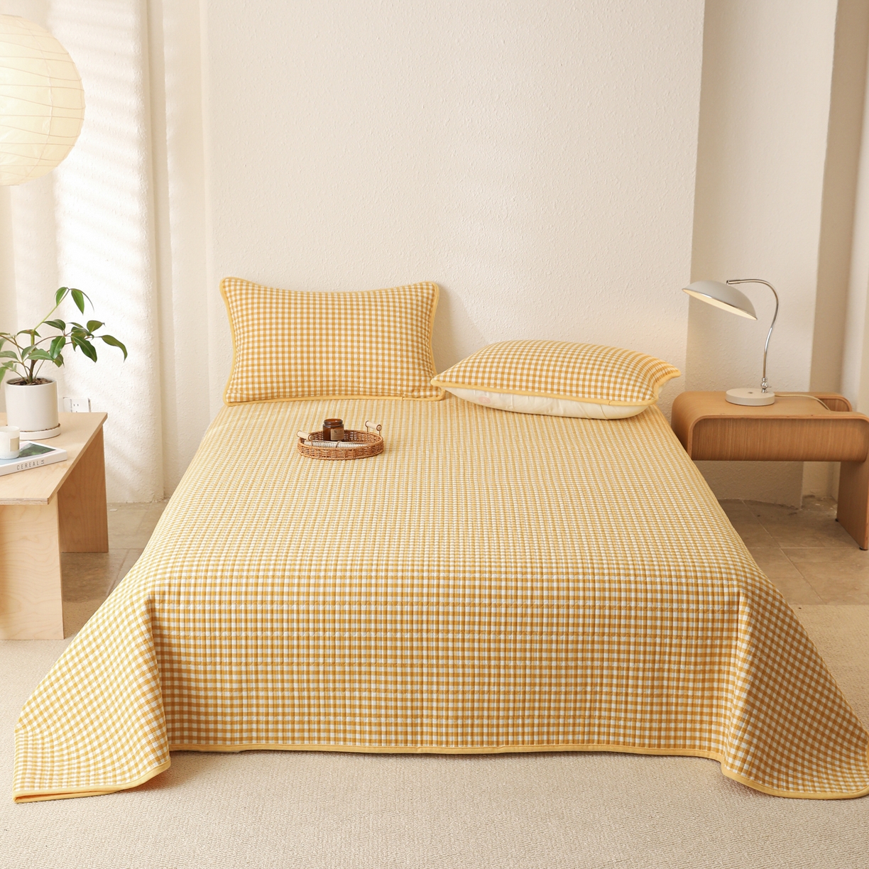 91家纺网 家纺一手货源 找家纺 妮可 2025新款全棉色织水洗棉一面棉一面绒四季可用床盖系列 格韵-黄小格