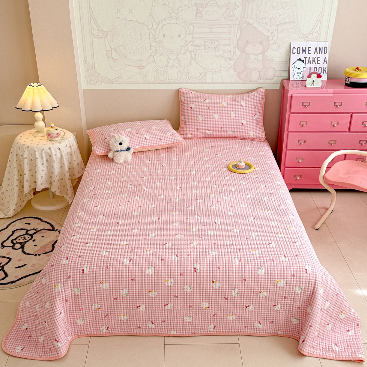 91家纺网 家纺一手货源 找家纺 妮可 2025新款跑量款全棉双层纱绒四季可用床盖系列 甜梦凯蒂