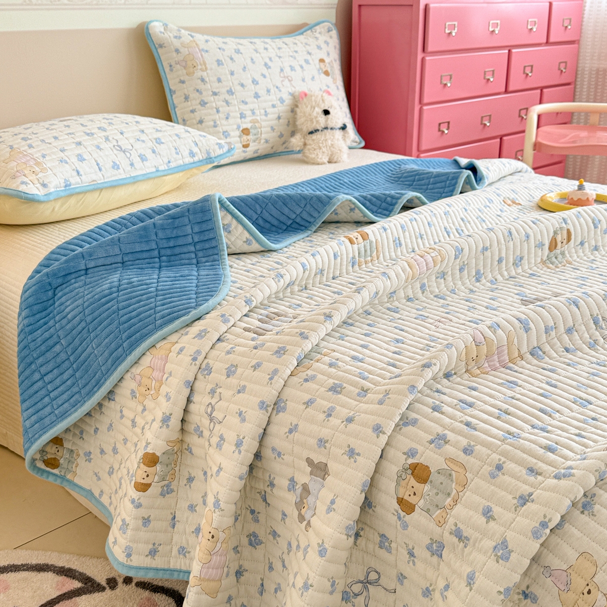 妮可 2025新款跑量款全棉双层纱绒四季可用床盖系列 蓝汪拾趣