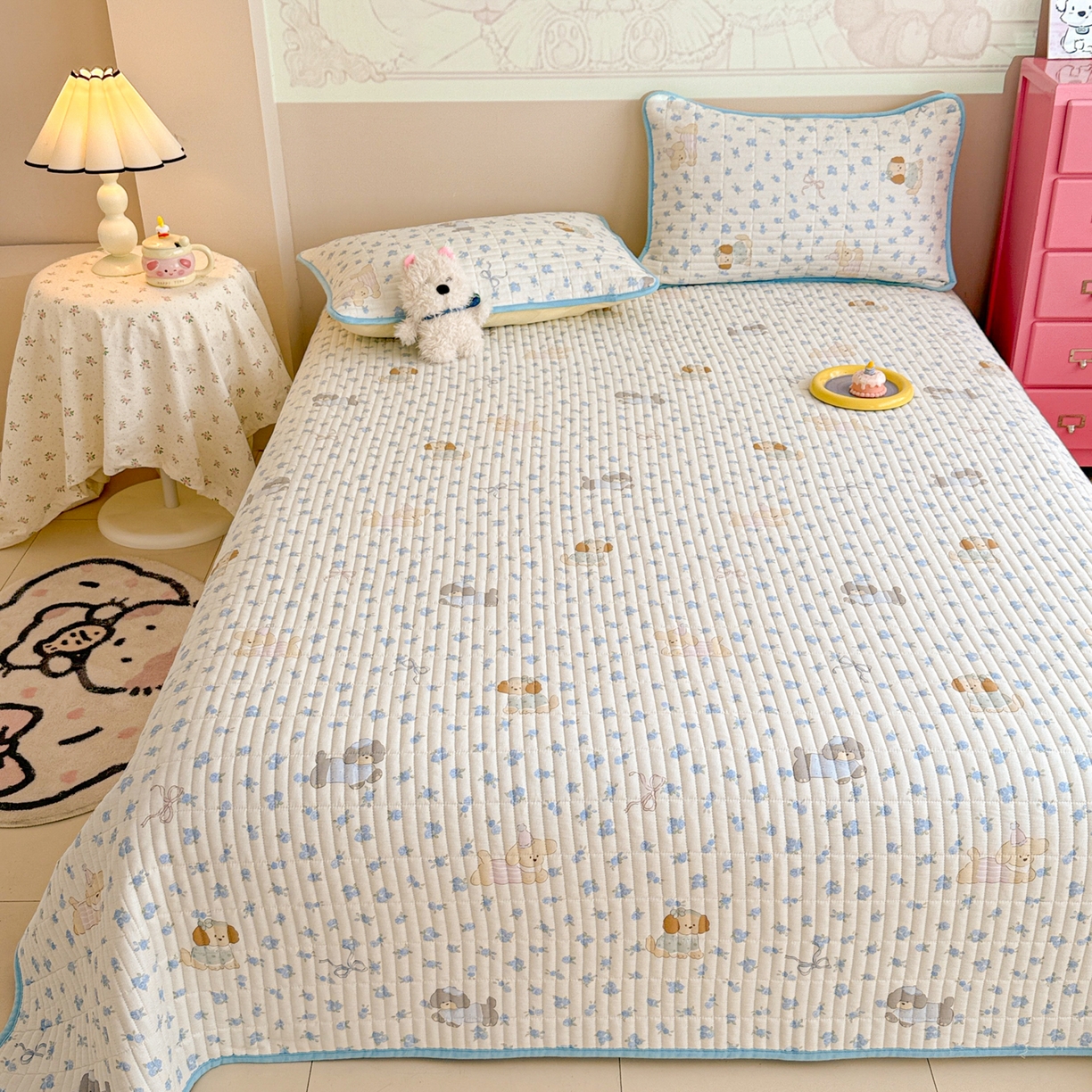 91家纺网 家纺一手货源 找家纺 妮可 2025新款跑量款全棉双层纱绒四季可用床盖系列 蓝汪拾趣