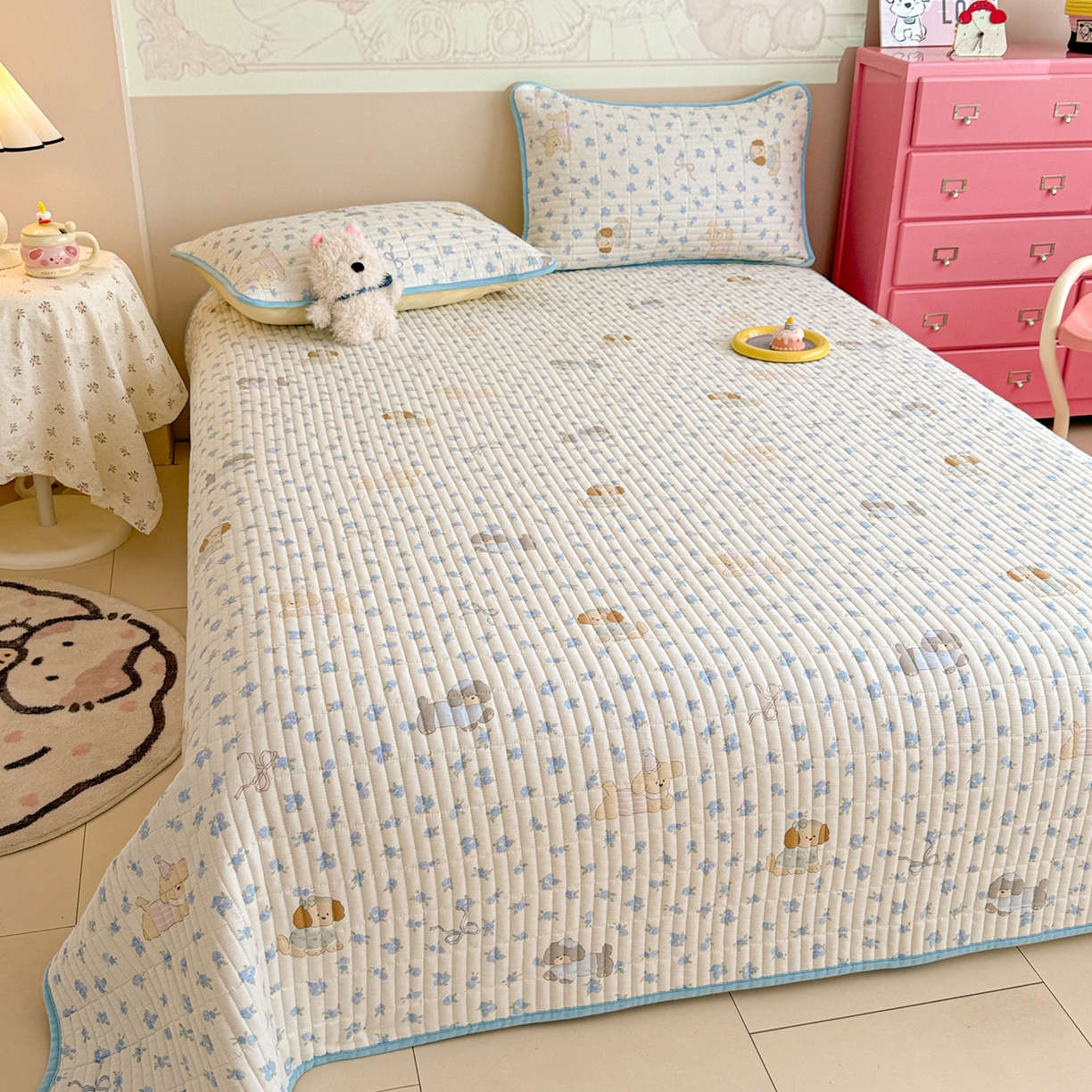 91家纺网 家纺一手货源 找家纺 妮可 2025新款跑量款全棉双层纱绒四季可用床盖系列 蓝汪拾趣