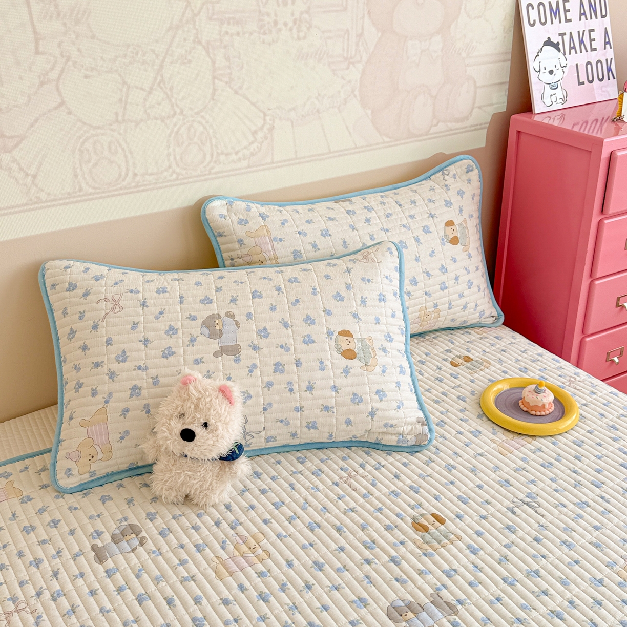 91家纺网 家纺一手货源 找家纺 妮可 2025新款跑量款全棉双层纱绒四季可用床盖系列 蓝汪拾趣