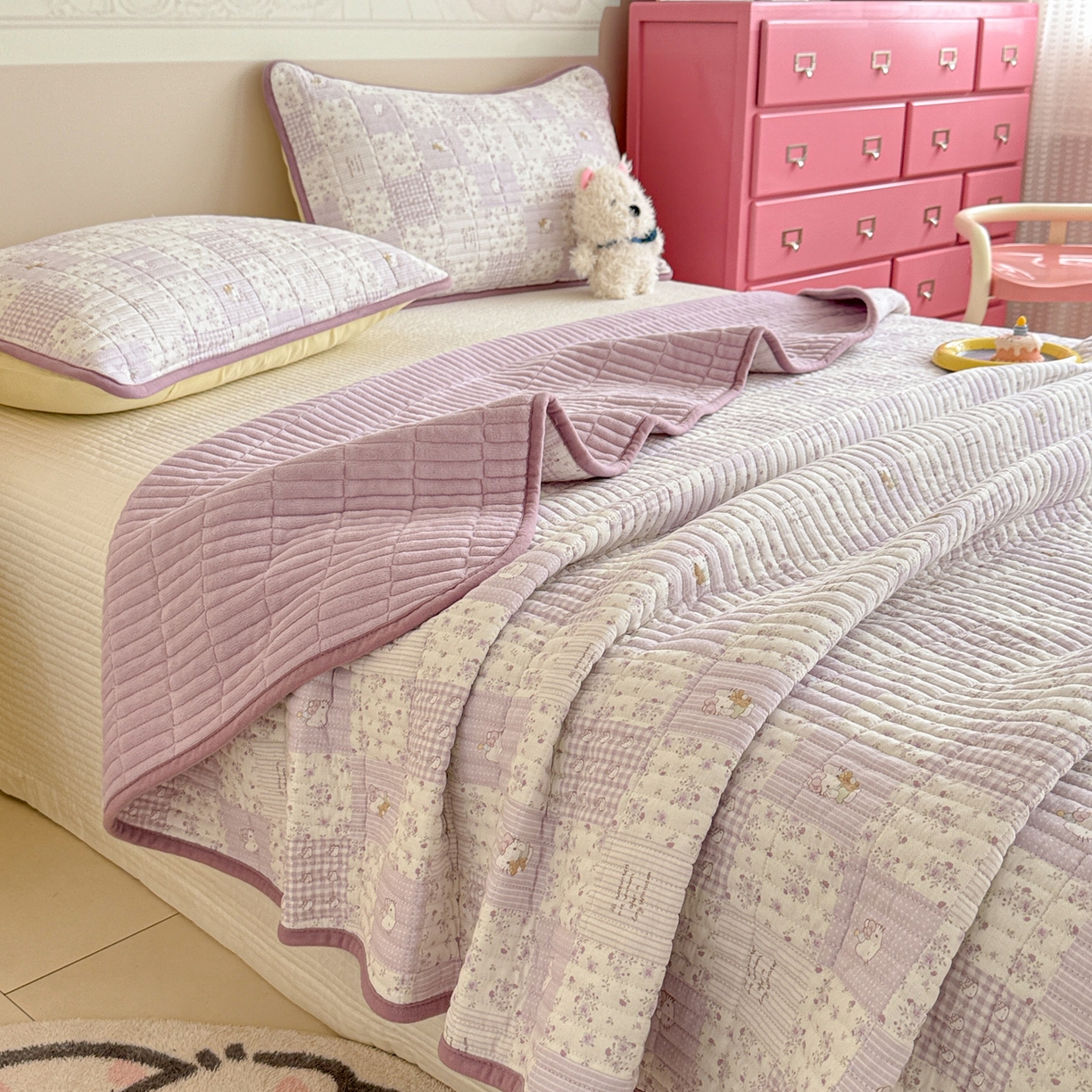 妮可 2025新款跑量款全棉双层纱绒四季可用床盖系列 芋泥奶霜