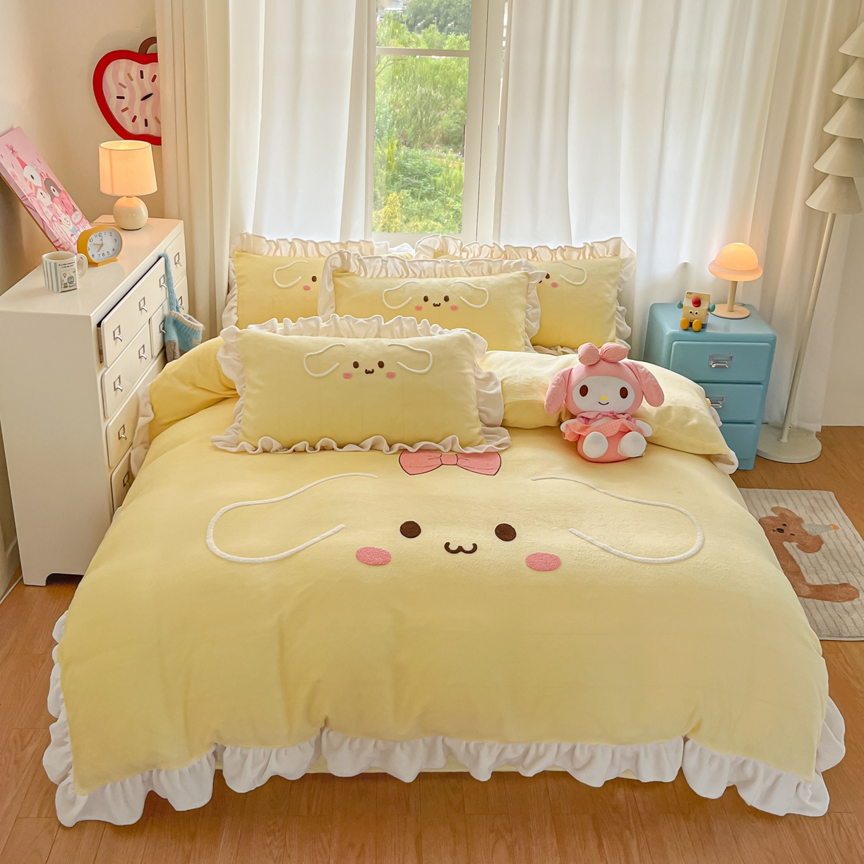 91家纺网 家纺一手货源 找家纺 梦之岛 2025新款高克重大版牛奶绒卡通毛巾绣四件套 幸运兔-黄