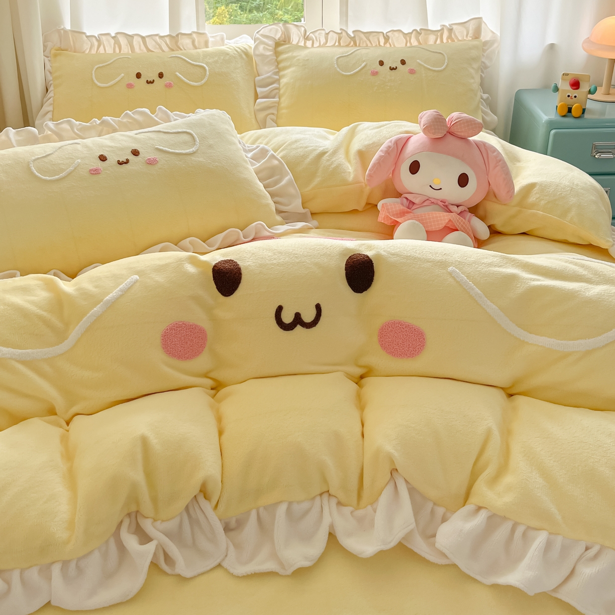 91家纺网 家纺一手货源 找家纺 梦之岛 2025新款高克重大版牛奶绒卡通毛巾绣四件套 幸运兔-黄