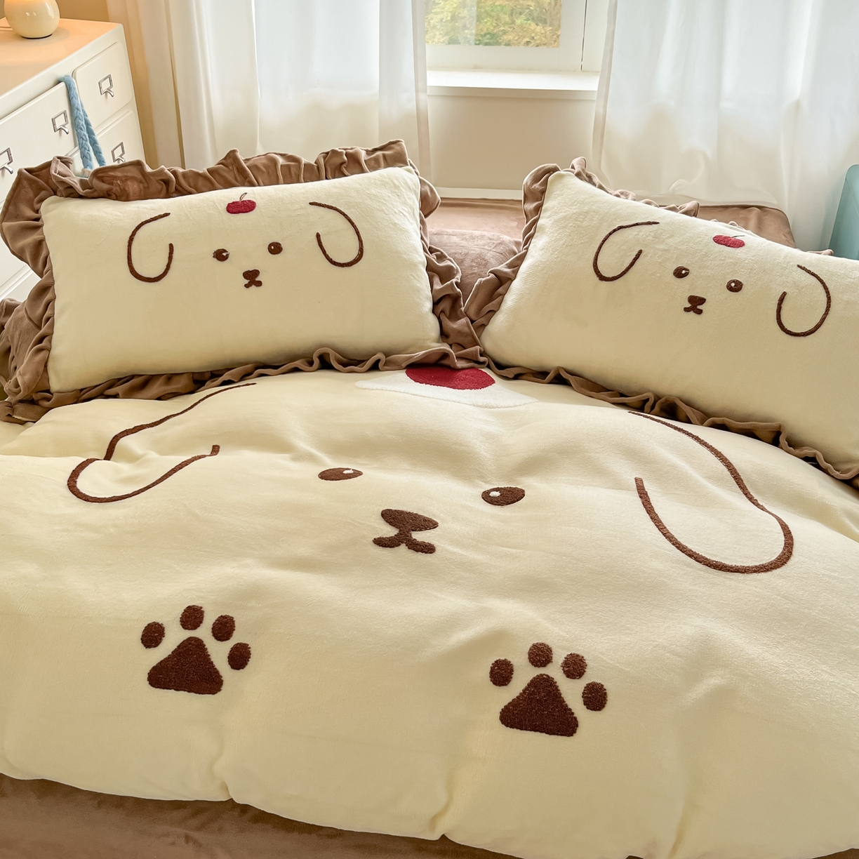 梦之岛 2025新款高克重大版牛奶绒卡通毛巾绣四件套 可爱狗-浅驼