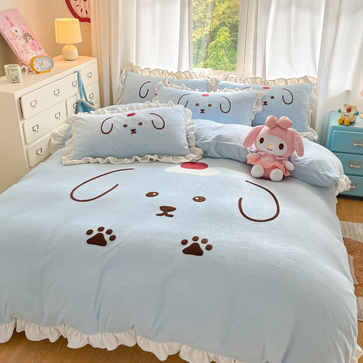 91家纺网 家纺一手货源 找家纺 梦之岛 2025新款高克重大版牛奶绒卡通毛巾绣四件套 可爱狗-蓝