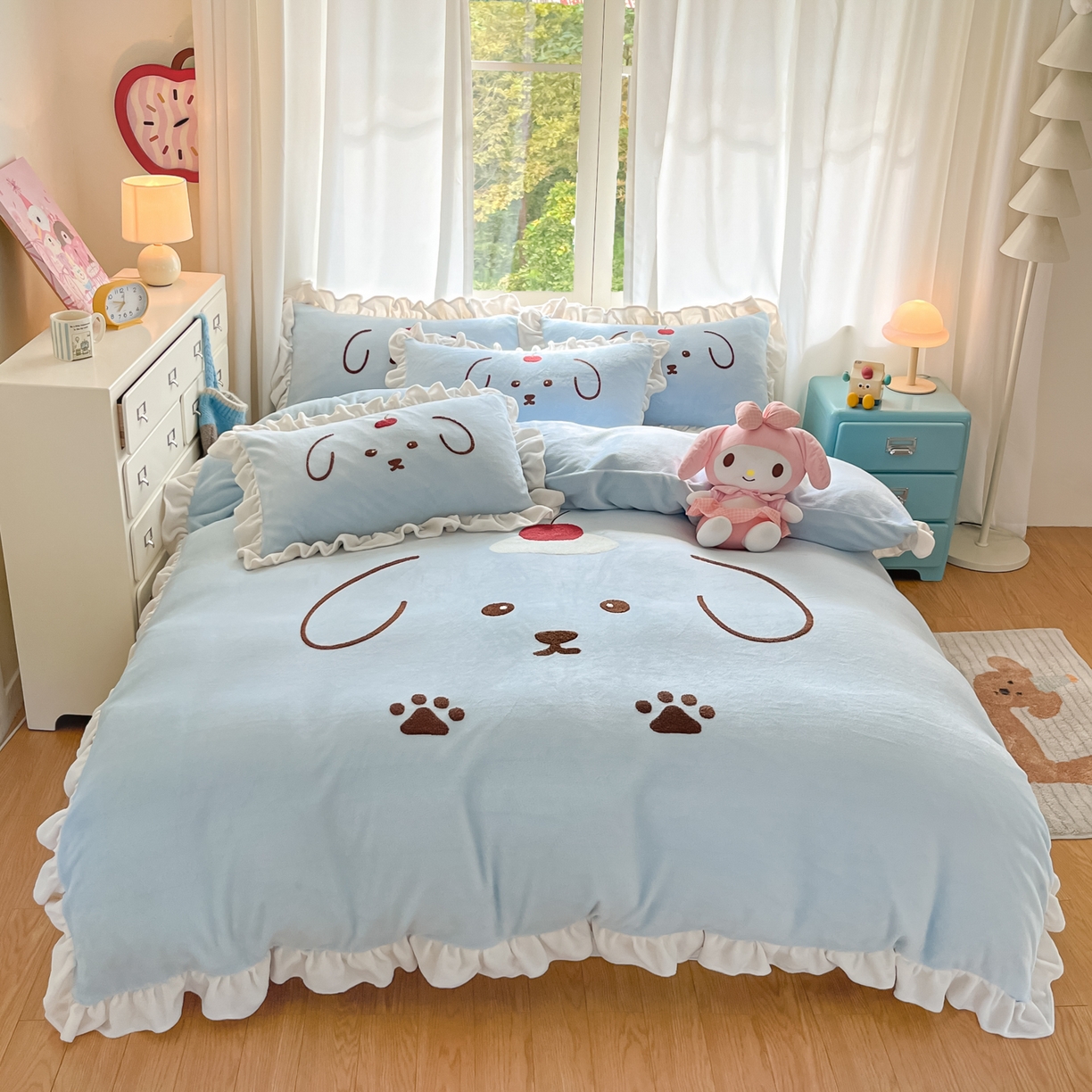 91家纺网 家纺一手货源 找家纺 梦之岛 2025新款高克重大版牛奶绒卡通毛巾绣四件套 可爱狗-蓝