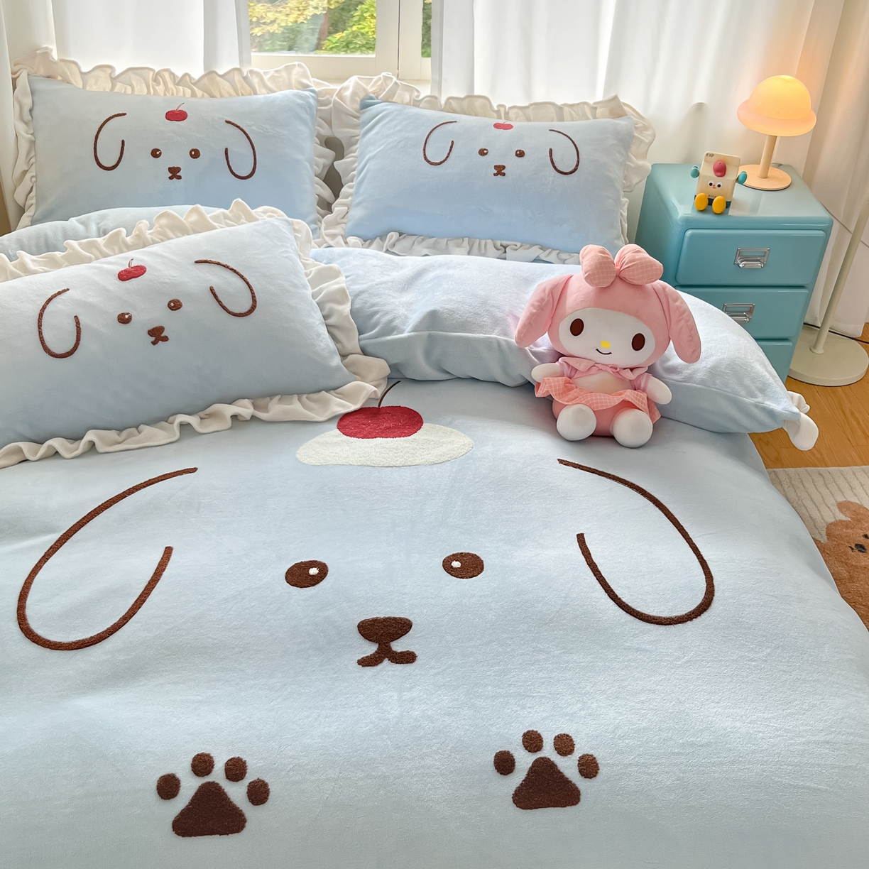 91家纺网 家纺一手货源 找家纺 梦之岛 2025新款高克重大版牛奶绒卡通毛巾绣四件套 可爱狗-蓝