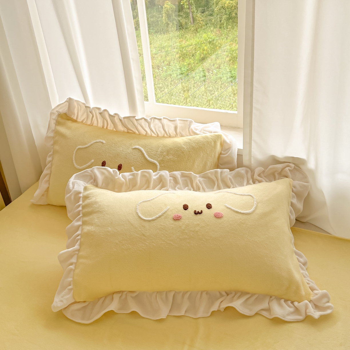 91家纺网 家纺一手货源 找家纺 梦之岛 2025新款高克重大版牛奶绒卡通毛巾绣四件套 幸运兔-黄