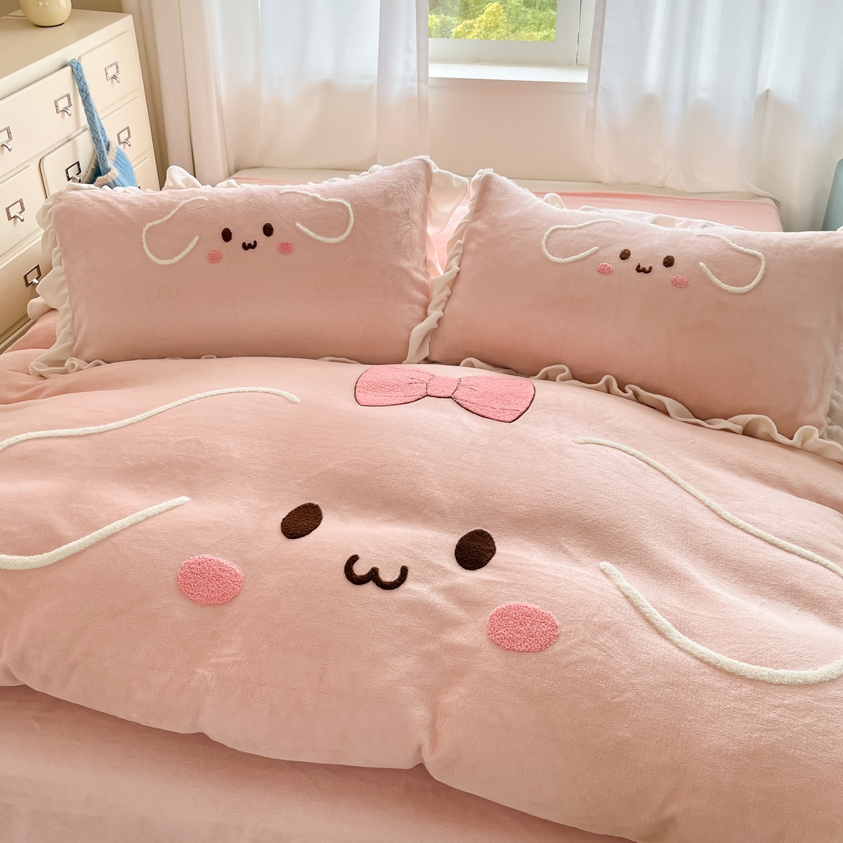 梦之岛 2025新款高克重大版牛奶绒卡通毛巾绣四件套 幸运兔-粉