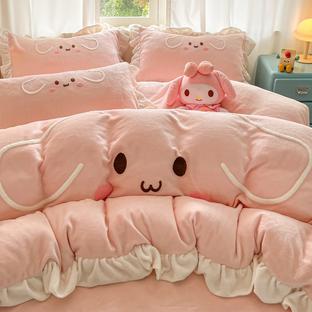 91家纺网 家纺一手货源 找家纺 梦之岛 2025新款高克重大版牛奶绒卡通毛巾绣四件套 幸运兔-粉