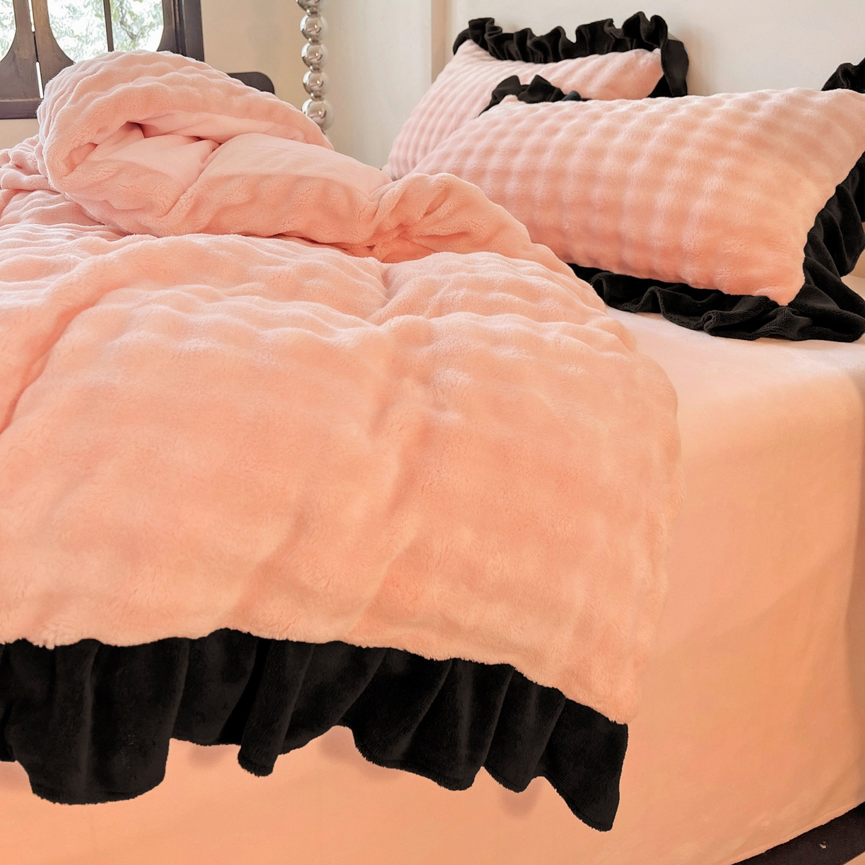 91家纺网 家纺一手货源 找家纺 梦之岛 2025新款韩版兔毛绒小泡泡牛奶绒四件套 泡芙公主-玉