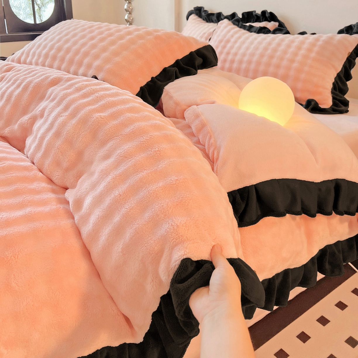 91家纺网 家纺一手货源 找家纺 梦之岛 2025新款韩版兔毛绒小泡泡牛奶绒四件套 泡芙公主-玉