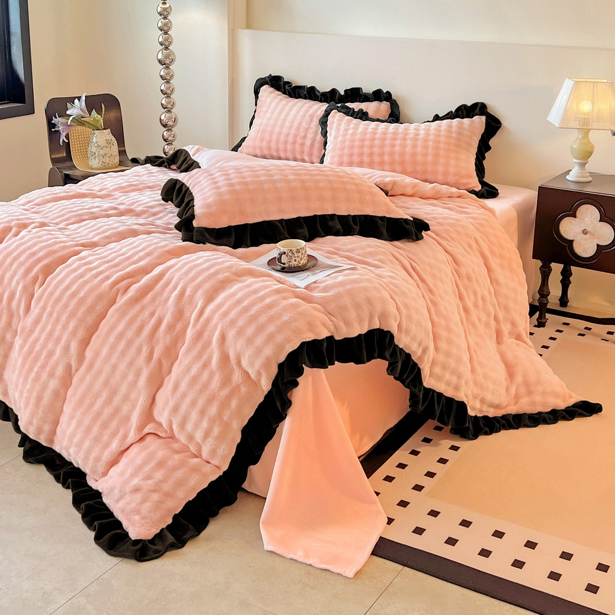 91家纺网 家纺一手货源 找家纺 梦之岛 2025新款韩版兔毛绒小泡泡牛奶绒四件套 泡芙公主-玉