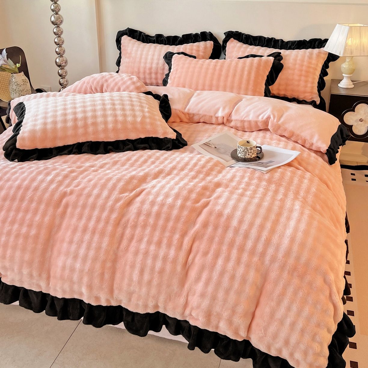 91家纺网 家纺一手货源 找家纺 梦之岛 2025新款韩版兔毛绒小泡泡牛奶绒四件套 泡芙公主-玉