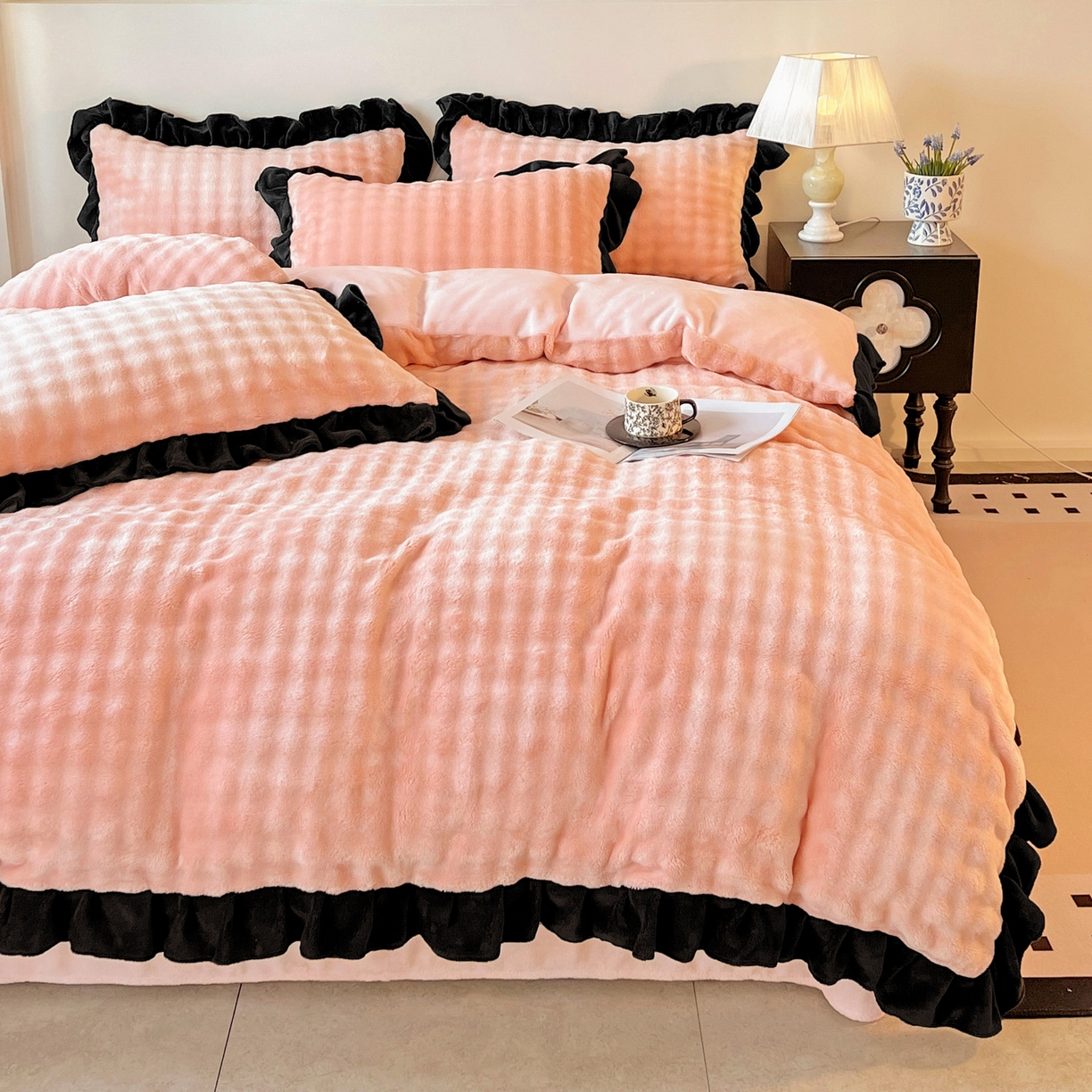 91家纺网 家纺一手货源 找家纺 梦之岛 2025新款韩版兔毛绒小泡泡牛奶绒四件套 泡芙公主-玉