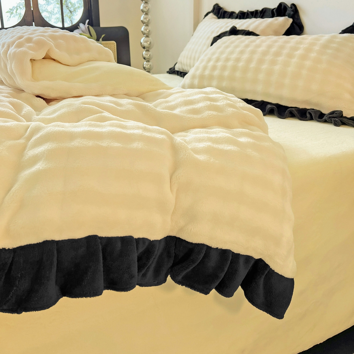 91家纺网 家纺一手货源 找家纺 梦之岛 2025新款韩版兔毛绒小泡泡牛奶绒四件套 泡芙公主-奶黄